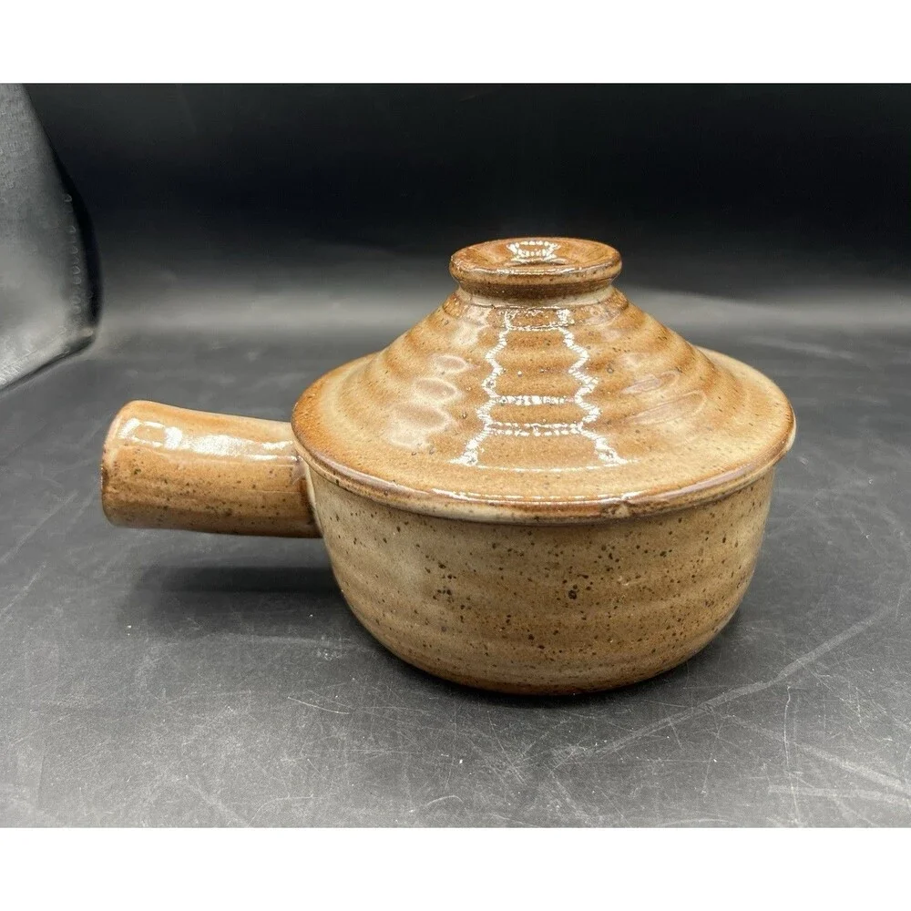 Vintage Brown Speckled Stoneware Soup Crock Bowl w Lid Side Handle Vented